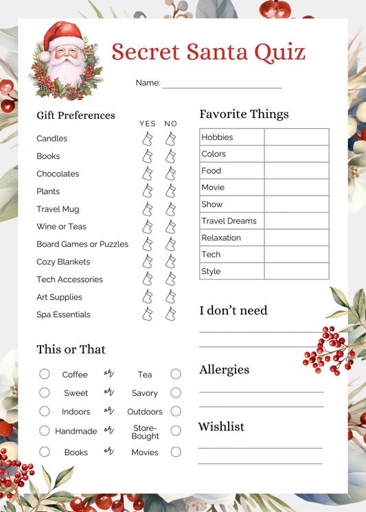 Secret Santa Quiz Printable